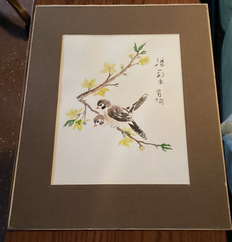 Original Oriental Watercolor Birds On A Branch. Signed. 10 X 13”