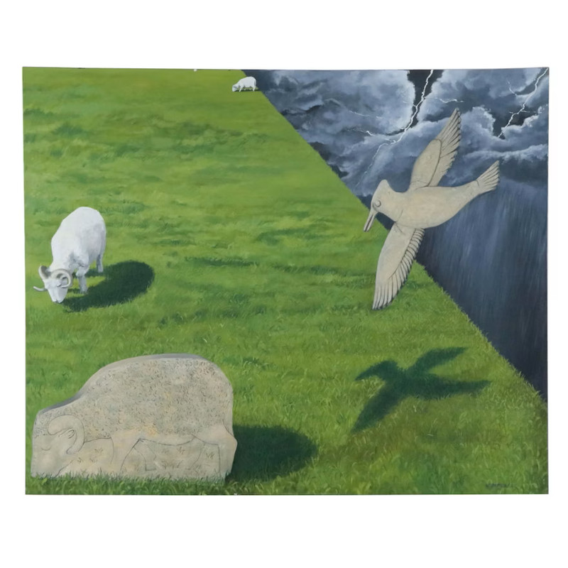 Vintage William Barron Large Scale Surrealist Landscape Oil Painting, 1982