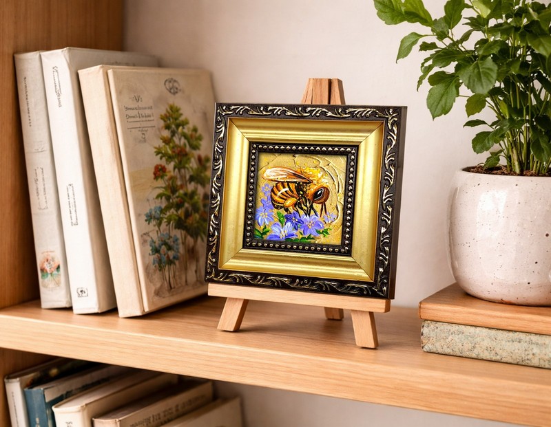 Honeybee Oil Painting: Mini Art for Bookshelf, Bee on Violet Flowers 2 by 2 in gallery