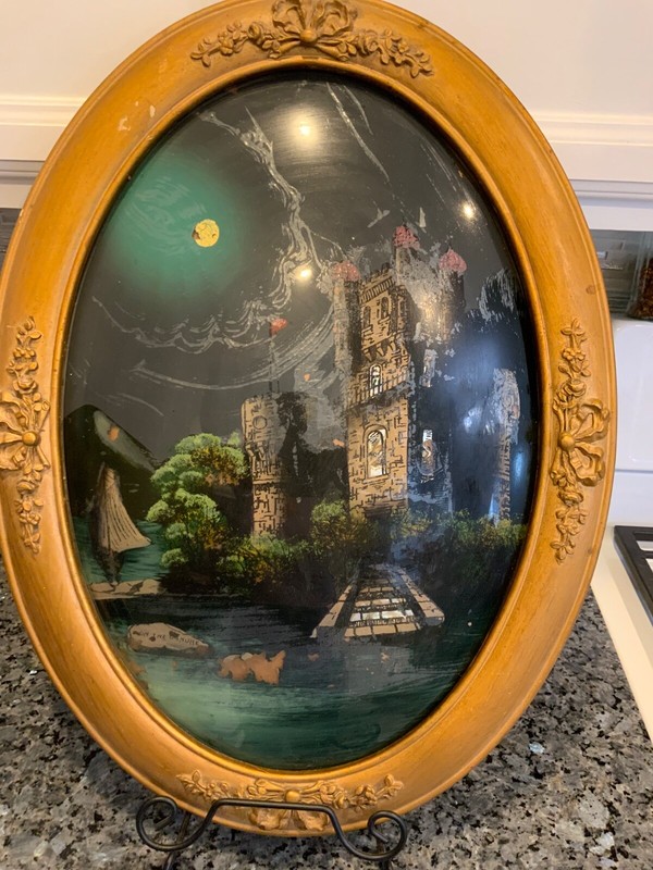Antique On The Danube Reverse Glass Painting In Gold wood frame convexed glass