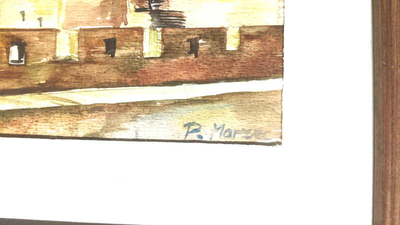 Hand Painted Original Art Watercolor Mideival Manor Signed P. Marzec Framed gallery
