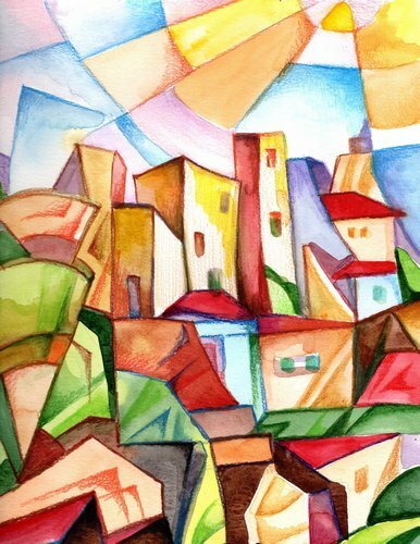 Akimova: TOWN, cityscape, size appr.: 9″x 12″