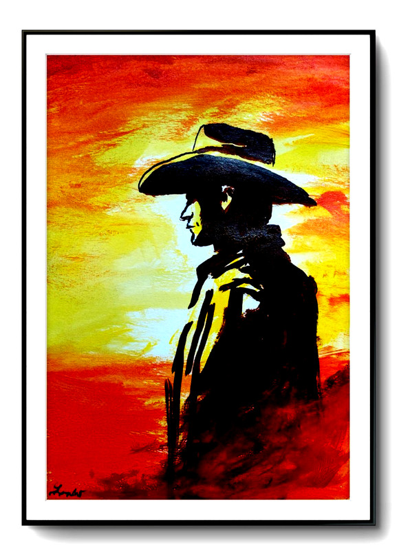 LOVELESS – EVENING COWBOY 11 X 15 red acrylic on paper for rustic decor COA