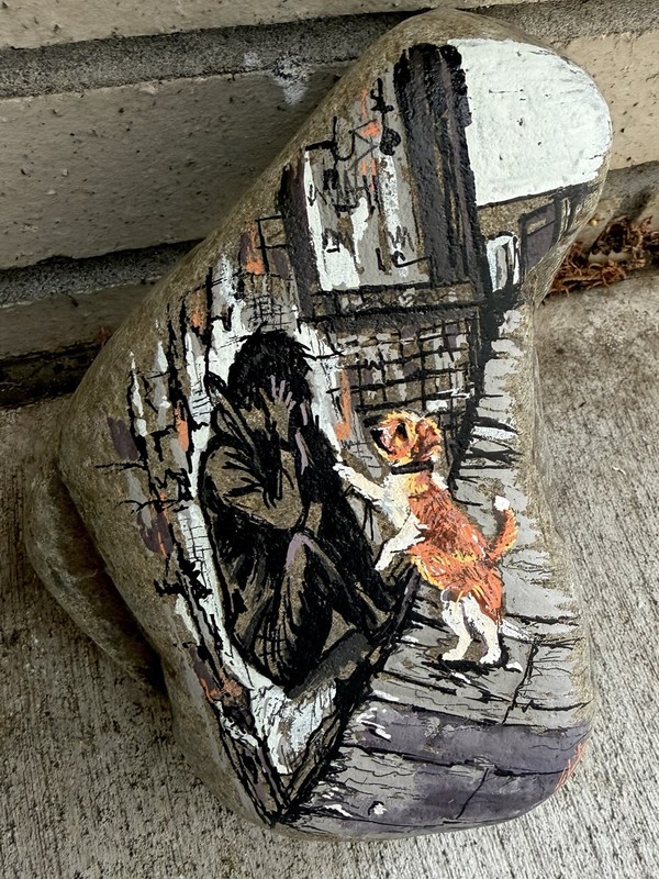 Dog Compassion Street Art ! Hand Painted On A Large Rock Approx 8” X 6” X 4”