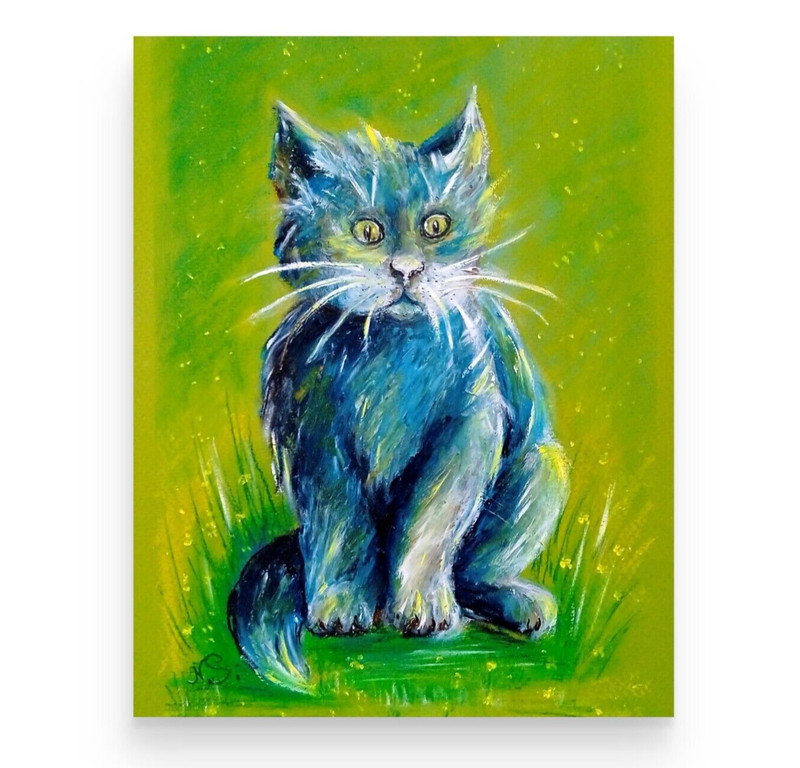 Cat Painting British Kitten Original Art Oil Pastel 10x8in