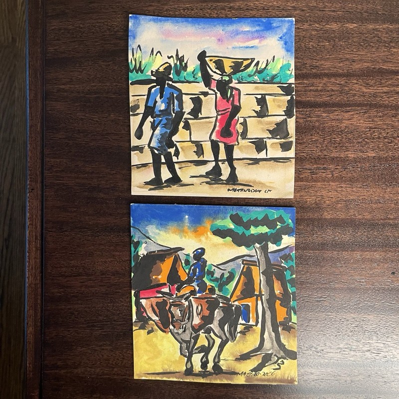 2 Vintage Martino Dorce Haitian Original Watercolor Paintings Signed Small Pair gallery