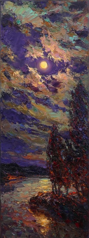 Original Oil Painting Moonlight Night Landscape Lake Art Canvas by A Onipchenko