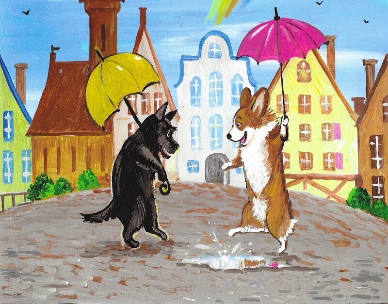 11X14 PRINT OF PAINTING SCOTTISH TERRIER CORGI Whimsical Vintage Style Art House