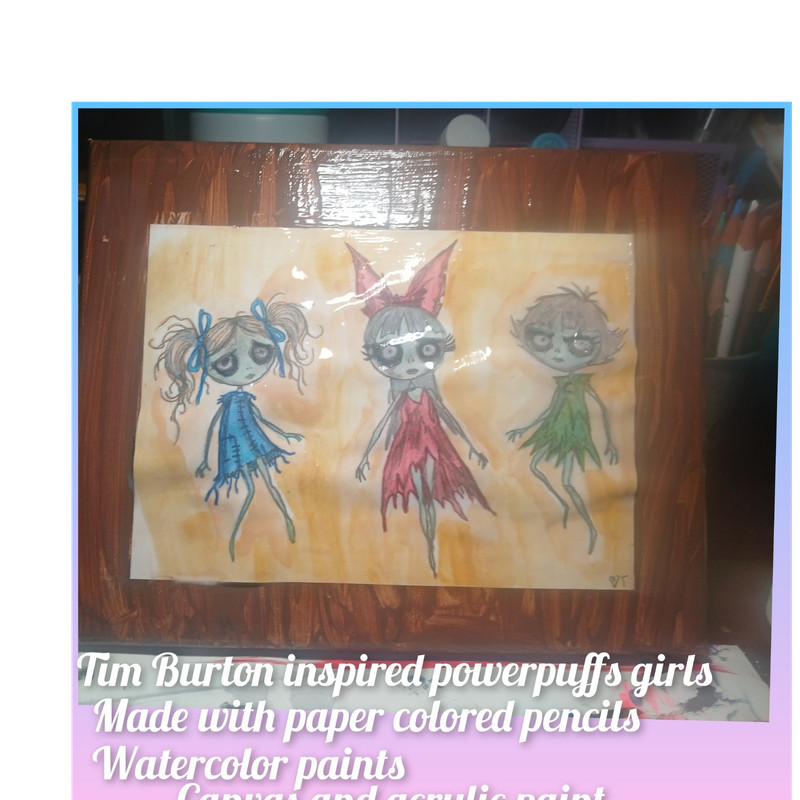 Tish Original Tim Burton Inspired Powerpuff Girls Mixed Media Painting Signed