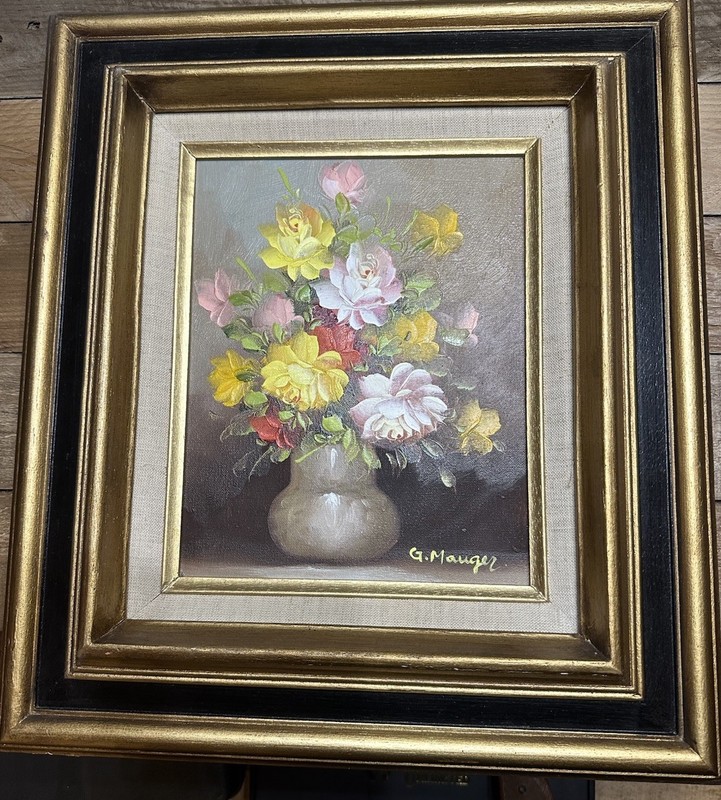 Still Life Oil Painting • Roses Floral Bouquet in Vase • Framed VTG. Signed
