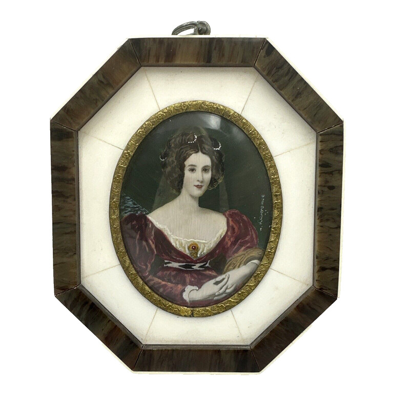 Signed German Miniature Portrait Royalty Domed Glass Octagonal Frame Exquisite