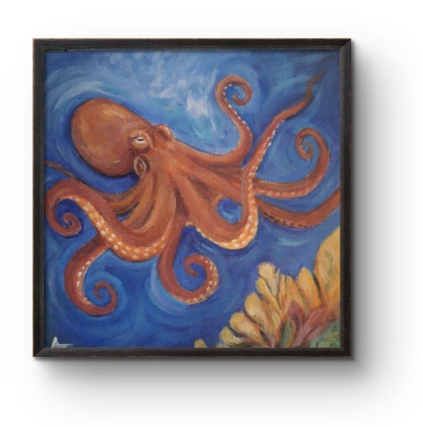 Original Neo-Expressionist Ocean 10×10 Acrylic Canvas Blue Octopus Contemporary