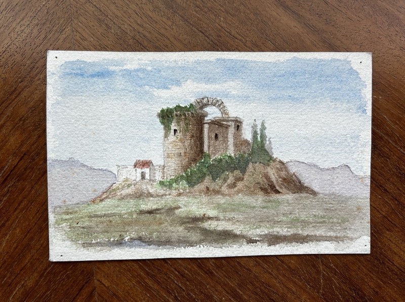 Antique 1890 Italian Watercolor Painting Hilltop Ruin Arch Oneglia Porto Maurizi