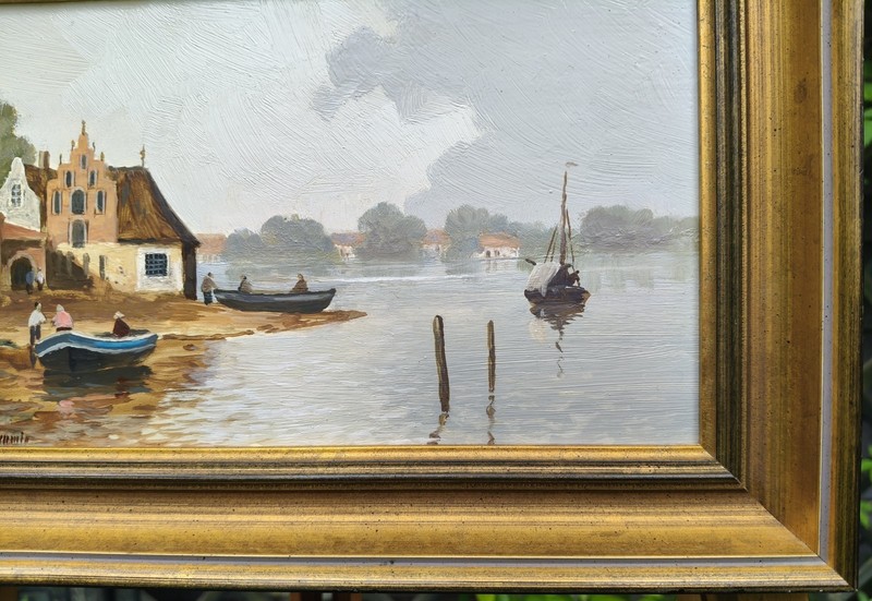 Erich Demmin Oil Painting, Signed, Dutch Waterfront Landscape, 1911–1997 gallery