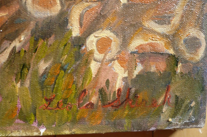 LEOLA SHIREK, OIL LOG CABIN IN WILDERNESS RURAL LANDSCAPE VINTAGE CALIFORNIA ART gallery