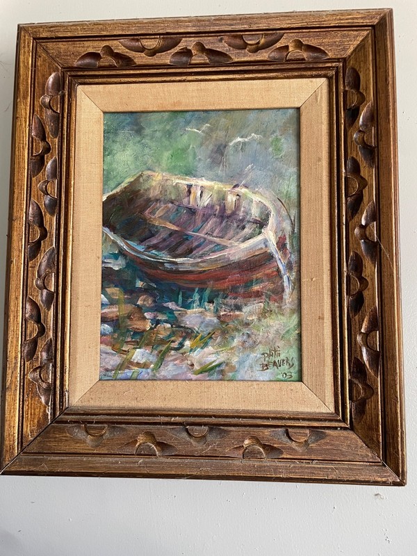 Original oil on canvas painting in ornate wood frame 16″x19″ Rowboat