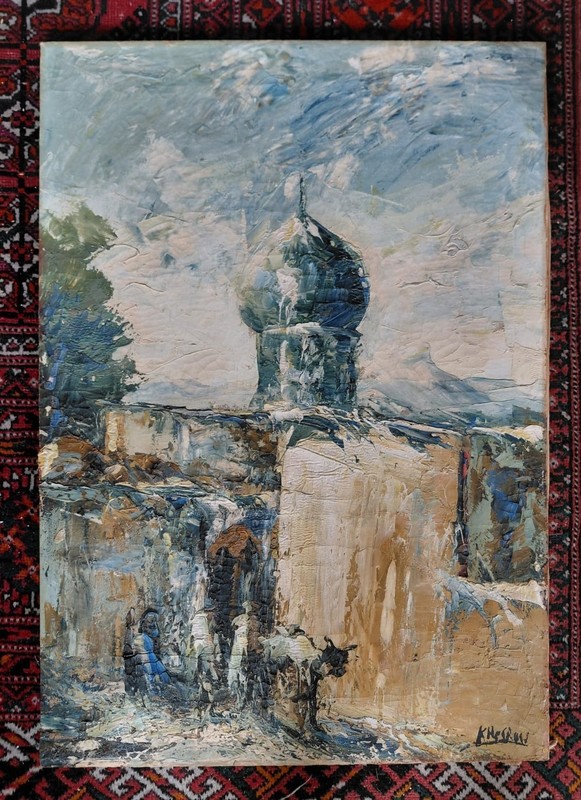 PAHLAVI PERIOD IRANIAN MODERNIST OIL CANVAS PAINTING SIGNED KHOSROW