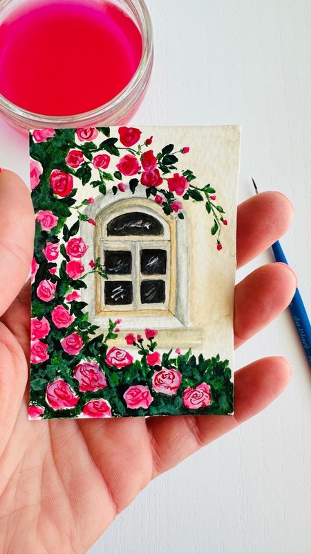 ACEO Original painting roses window watercolor