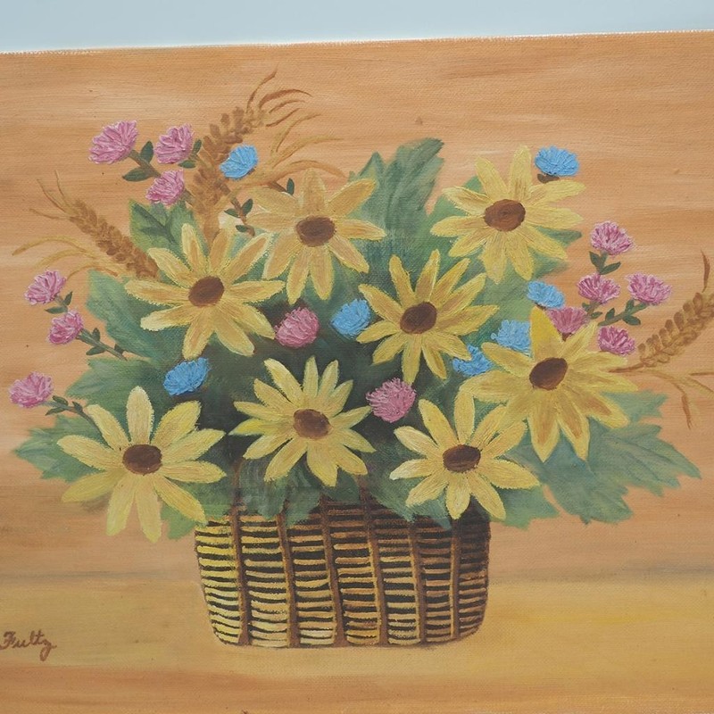 Painting Acrylic on Canvas Board Panel Floral Still Life Flowers in Basket gallery