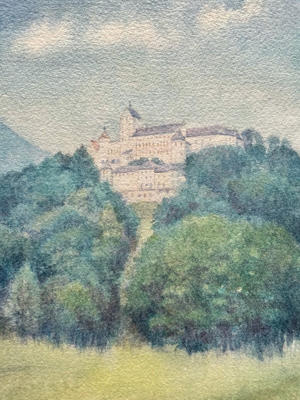 IMPRESSIONIST BLICK AUF EIN SCHLOSS BERGIGE LANSCHAFT SÜDDEUTSCHLAND ? AQUARELL
