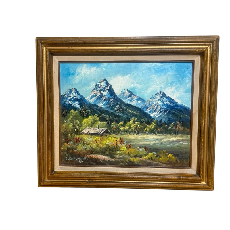 Vintage Original Oil Painting Signed Clearwater 1984 Grand Teton Mountain Framed gallery