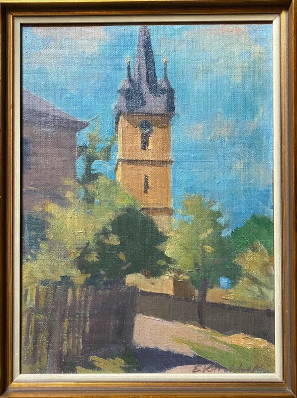 ::OIL PAINTING ILLEGIBLE SIGN. SMALL TOWN WITH CHURCH TOWER AND MOUNTAINS COUNTRY STYLE