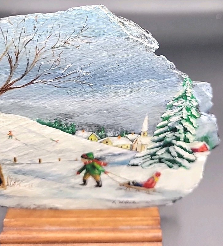 Hand painted Slate Winter Scene 6”X 5.5" Approximately Signed K. Welch Snow Day gallery