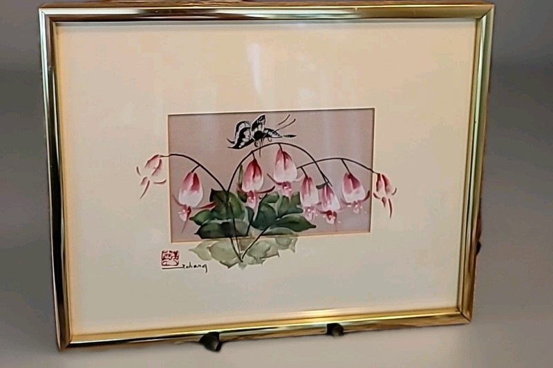Silk Painting By John Cheng/ Chinese Cherry Blossoms Bird Dove Branch 10.5″×8.5″