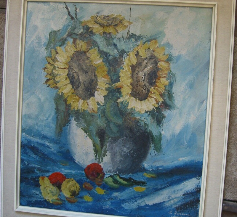 ::INDISTINCT SIGNED SUNFLOWER VASE BLUE MONEY FLOWERS SEEDS ROSES RED ANTIQUE