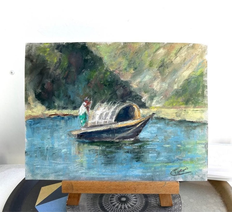 Handmade Pastel Painting, River Boat Reflections, 12x9in Original Fisherman Art gallery