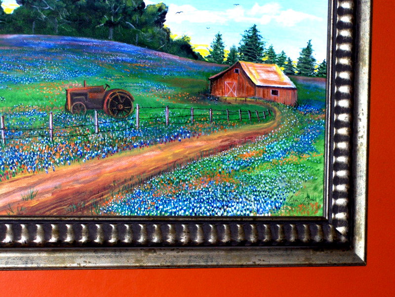Great ORIGINAL Signed Bluebonnet Landscape Tractor Barn Path Trees Oil Painting gallery
