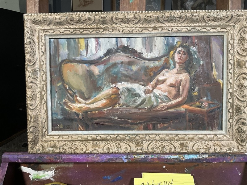 Original Unsigned Oil Painting – Reclining Female Nude – Framed