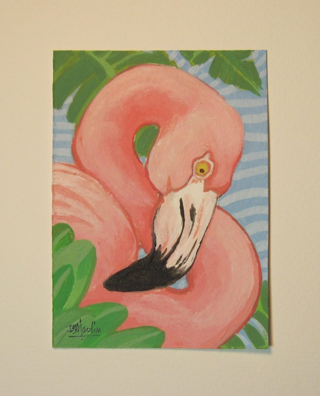 Flamingo Birds Orig. ACEO Tropical Title: PRETTY AND PINK acrylic Exotic