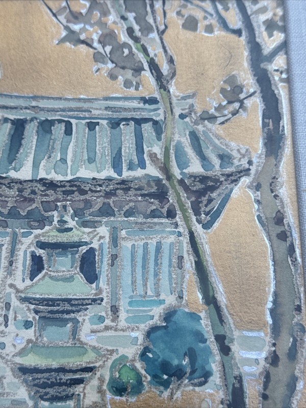VINTAGE PAINTING TEMPLE ILLUSTRATION STYLE MODERNIST MYSTERY SIGNED 1966 gallery