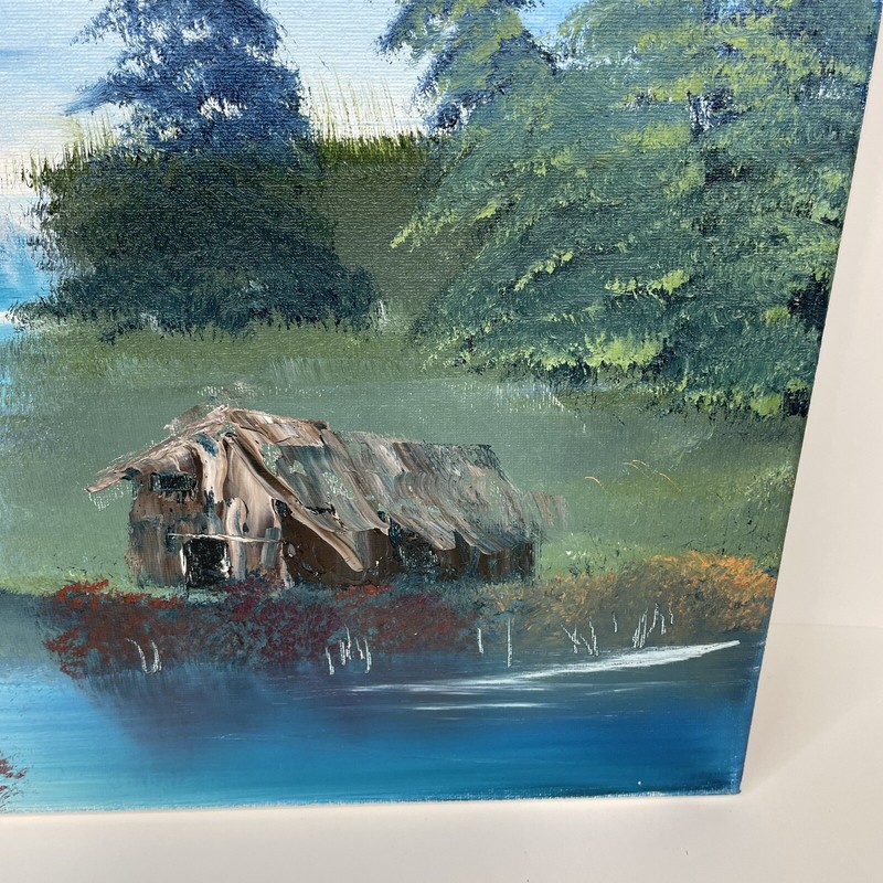 Oil on Canvas Painting Signed Student Art 16 x 20 Mountain View Cabin On Lake gallery