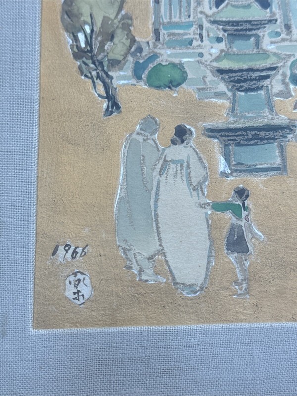 VINTAGE PAINTING TEMPLE ILLUSTRATION STYLE MODERNIST MYSTERY SIGNED 1966 gallery