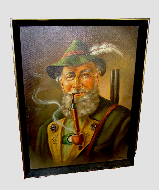 Oil Painting On Canvas Bearded German Man Smoking Pipe Signed Framed Vintage