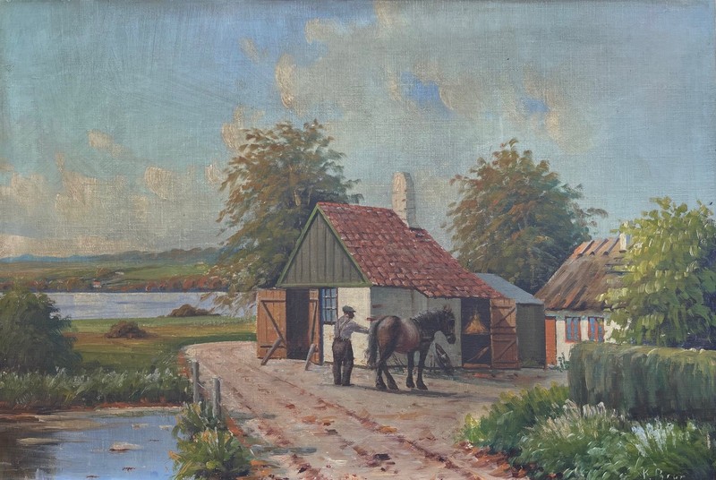 Impressionist Rural Scene Farm Horse Farrier Oil Painting Antique 102x68cm gallery