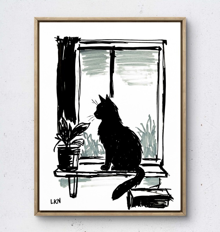Laeknapes House Cat Cozy Window Art 12×9 Original Abstract Paper Decor Painting