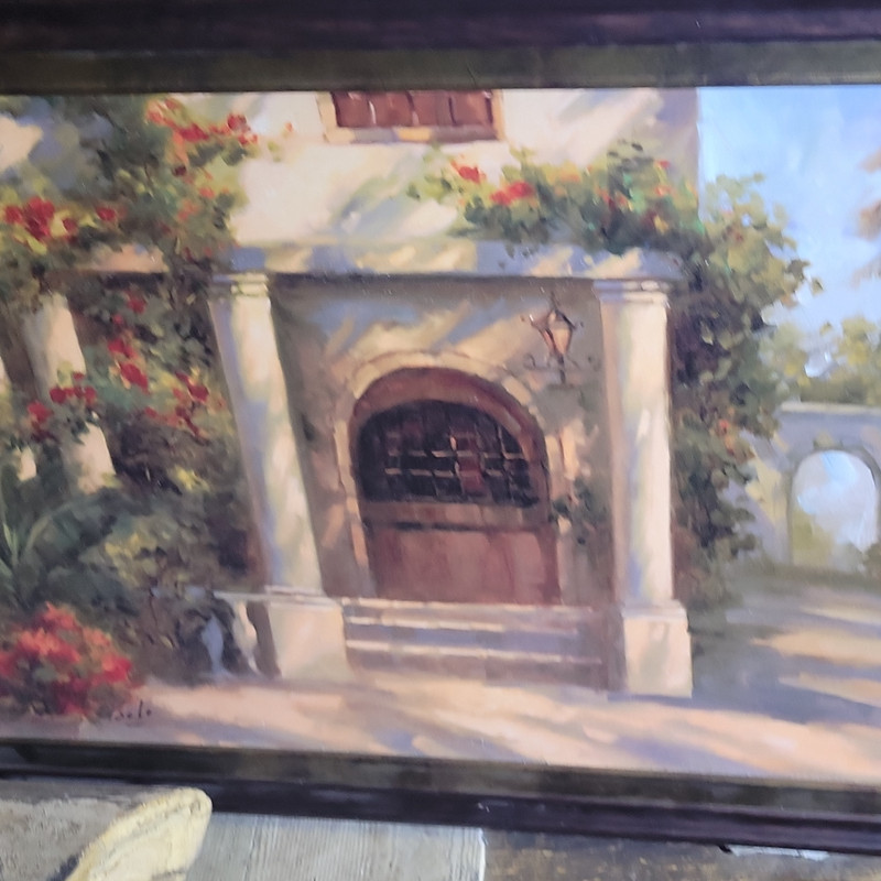 Impressionist Framed Oil Painting on Canvas – Architecture, Doorway, Plants