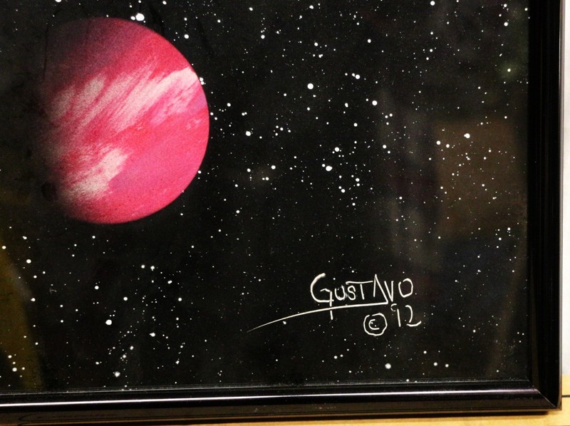 Airbrush Enamel Cosmic Painting Signed "Gustavo 2012 Framed Under Glass 13 x 21" gallery