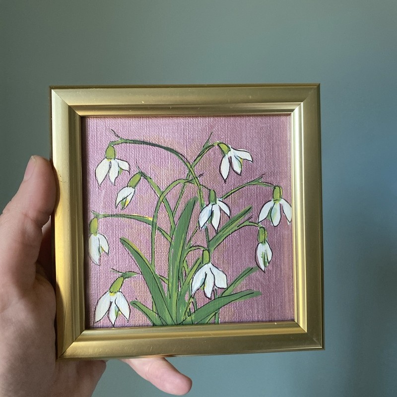 Snowdrops Flowers Original Painting 4/4,artwork,mini,small,framed,gold