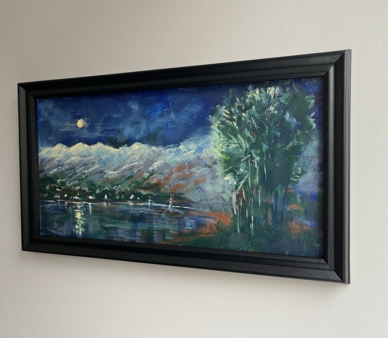 Original Painting Full Moon Rise Landscape Moonlight Reflection Nocturne Framed