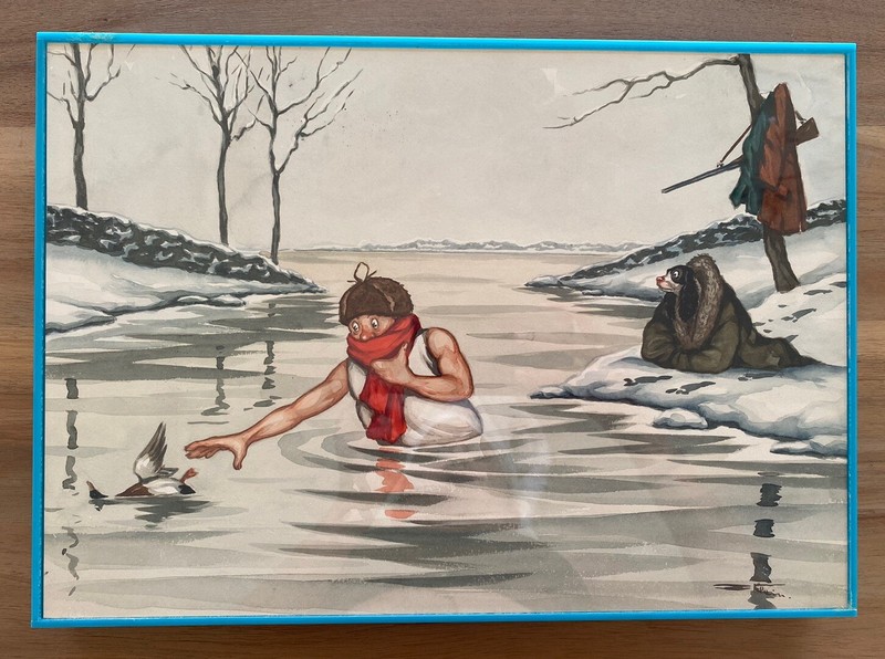 Boris O’Klein – Original Watercolor Painting Signed – Comedy Hunter w/Dog & Duck