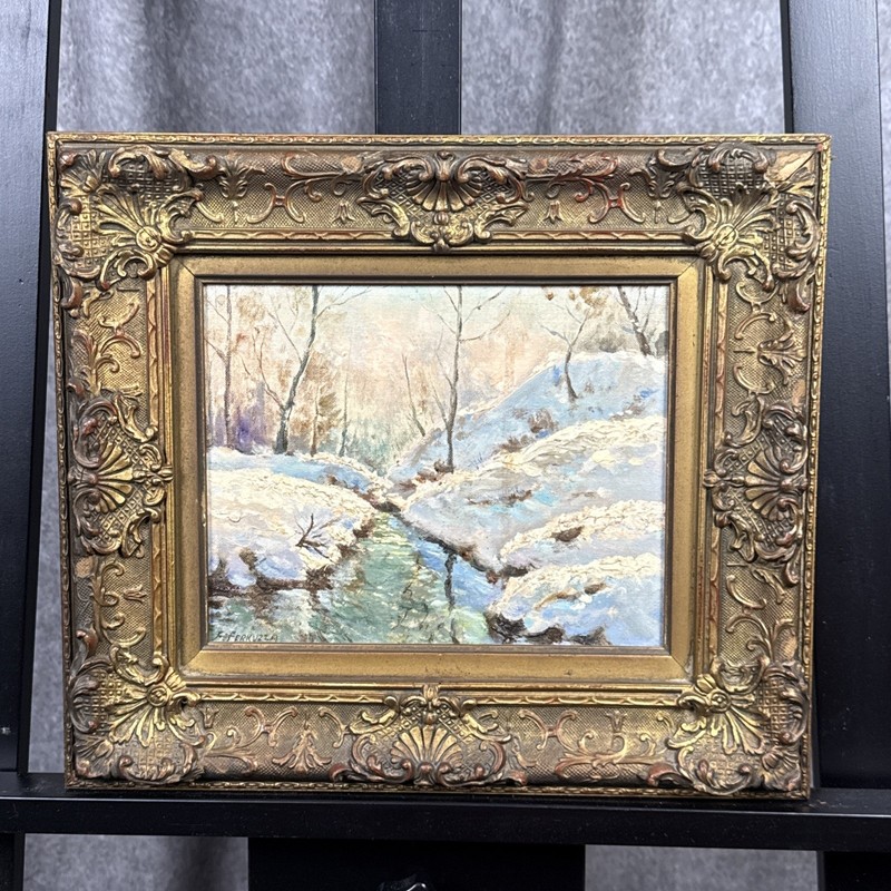 Frank Ferruzza (1912-1984) Oil On Board Painting Forest River Stream 15”x13”