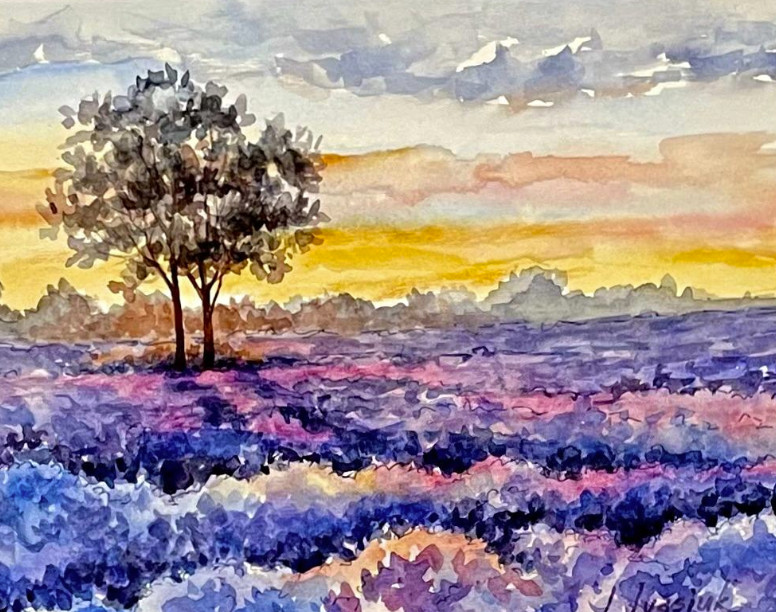 PAINTING WATERCOLOR 8X10 & MAT 16X20 LANDSCAPE TREE LAVENDER PURPLE SUNRISE ART