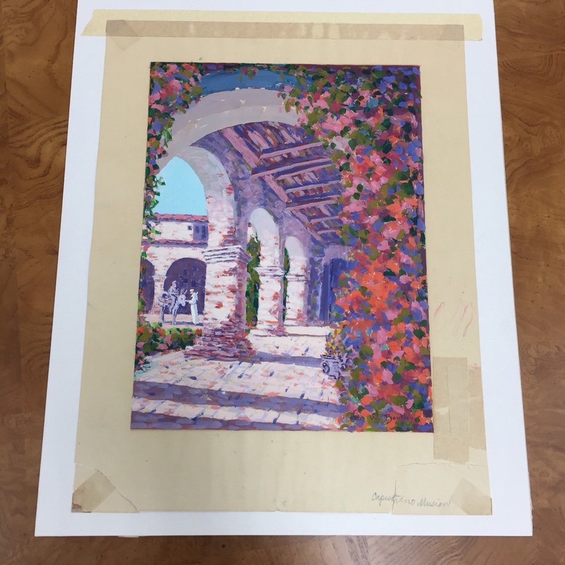 Original Painting Capistrano Mission By John W Bentley 9" X 12" Gouache On Paper gallery