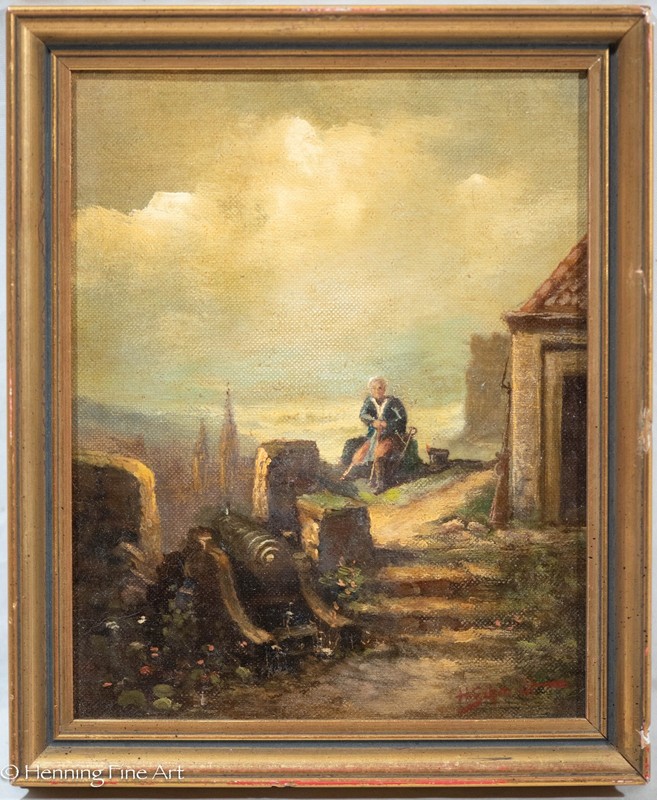 Vintage German Oil Painting after Carl Spitzweg Peg Leg Soldier Sentry Cityscape