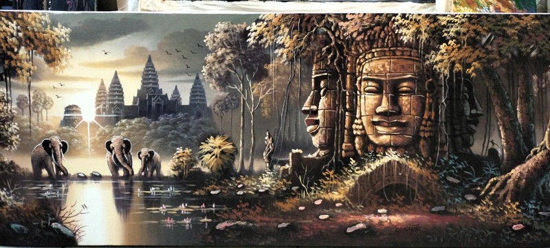 Wall Decoration of Angkor Wat Temple Oil Painting Signed 40cm x 150cm gallery