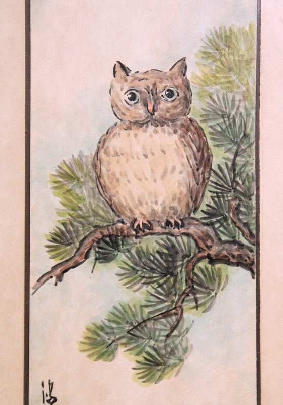 Johnson Lee OWL Watercolor Painting Signed w/ Artists information on the back